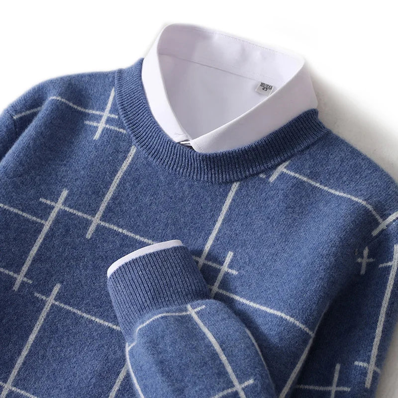 Autumn/Winter 100% Pure Wool Men's O-Neck Thick Business Sweater Loose Casual Wool Knit Bottoming Shirt Men's Sweater