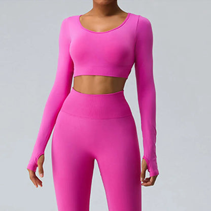 Sexy Women's Backless Shirt Seamless Crop Top Fitness Shirts Long Sleeve Gym Workout Sports Top Woman Front Yoga Tops Activewear