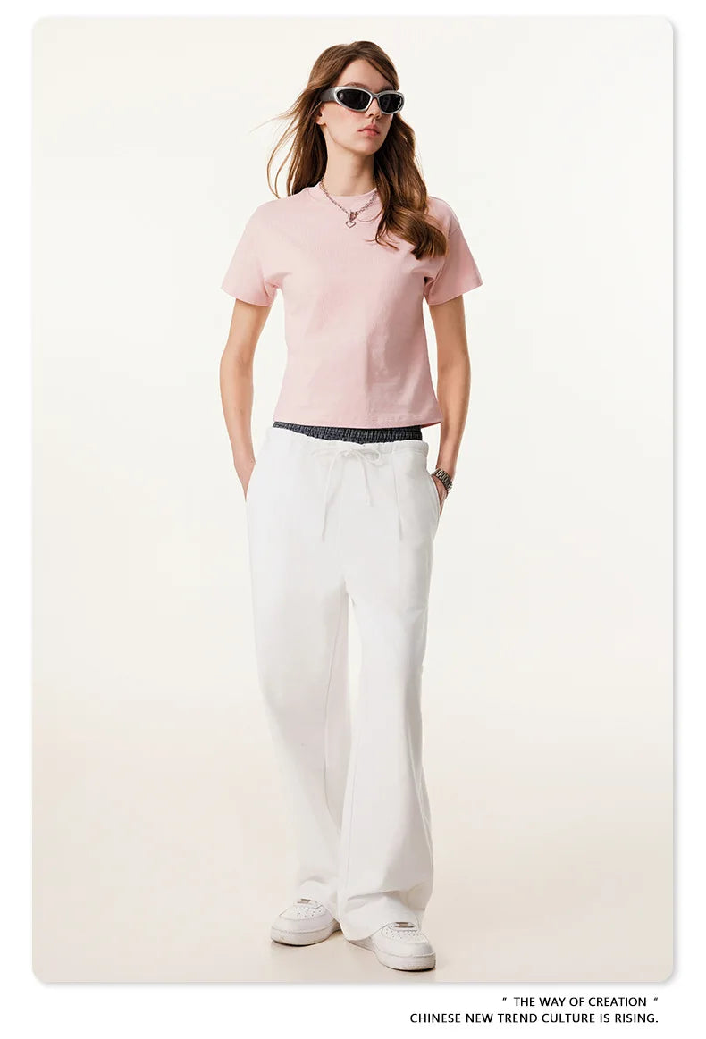 Custom LOGO Men's 2025 Summer 280G American Neutral Wind Splicing Double Waist Wide Leg Pants Sports Straight Couple Sweatpants