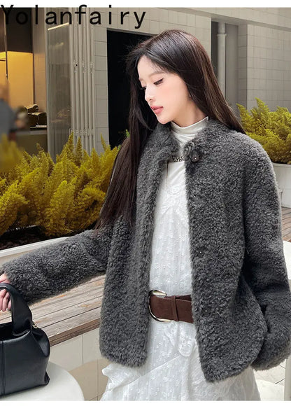 YOLANFAIRY 100% Genuine Leather Jacket Women Warm Natural Fur Coat Woman Winter Short Real Lamb White Fur Coats Jaqueta Feminina