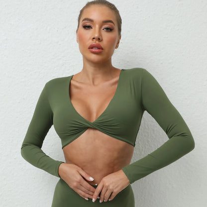 Sexy Creased Long Sleeve Crop Top Women Yoga Clothing Quick Dry Gym Long Sleeved Shirt Women Clothes Running Workout Sportswear