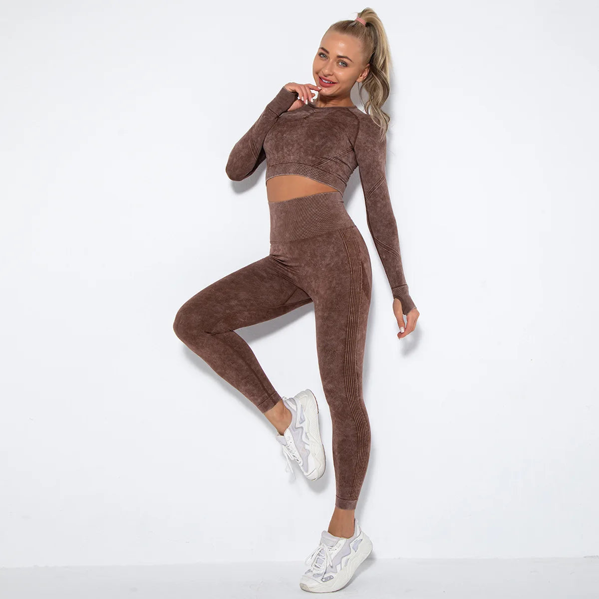 Women Seamless Tracksuit Yoga Set 2PCS Workout Clothes Athletic Wear Gym Legging Fitness Bra Crop Top Long Sleeve Sports Suits