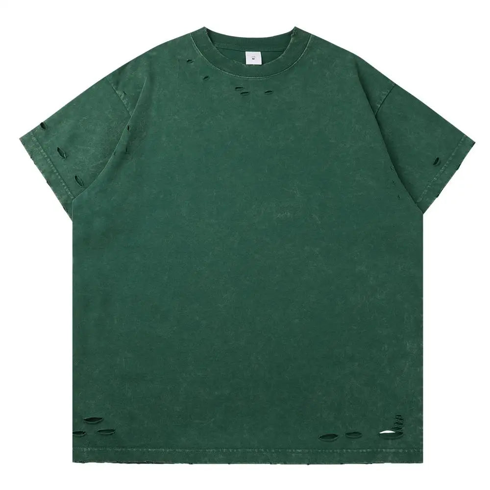 DIY Custom LOGO DIY 300gsm Heavy Thick Ripped Holes Short Sleeves T-shirt Solid Color Oversized Casual Summer Harakuju Tees