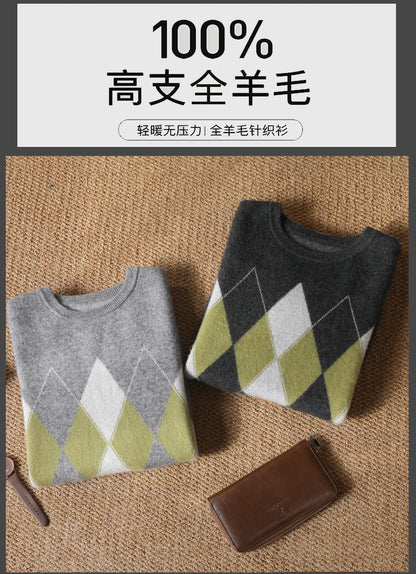 Autumn Winter New Men's Cashmere Sweater Thickened Round Neck Pullover With Contrast Color Loose Casual Knitted100% Wool Sweater