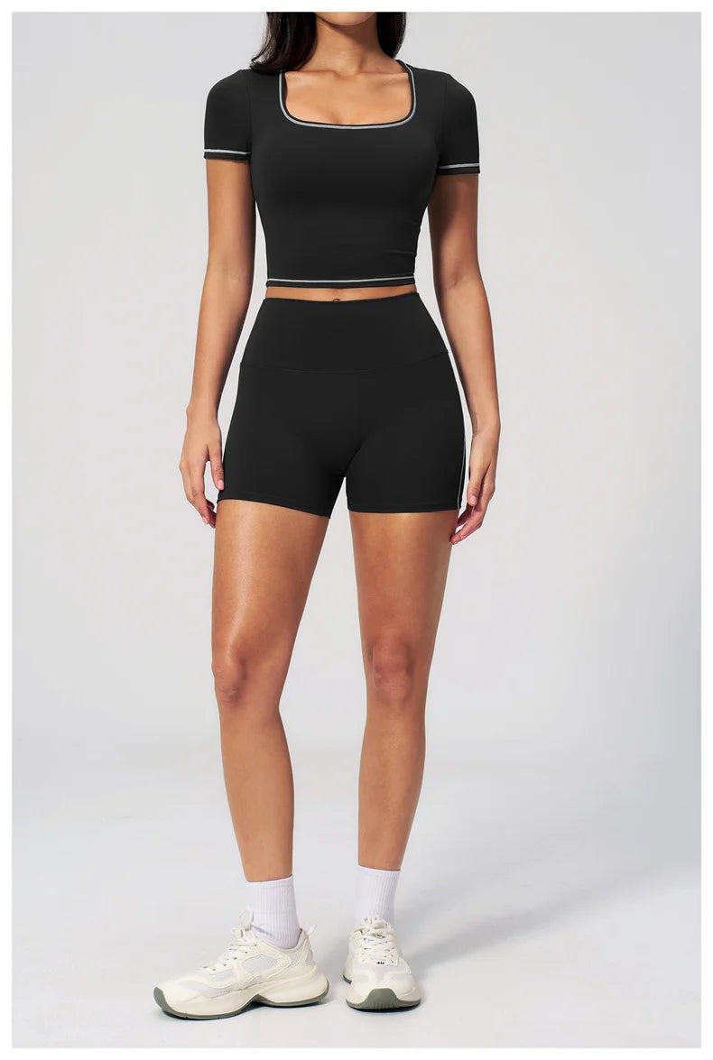 TRY TO BN 2 Pieces Women's Tracksuit Yoga Short Sleeves Top Sets High Waist Shorts Contrasting Color Running Fitness Gym Clothes