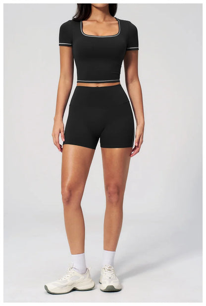 TRY TO BN 2 Pieces Women's Tracksuit Yoga Short Sleeves Top Sets High Waist Shorts Contrasting Color Running Fitness Gym Clothes