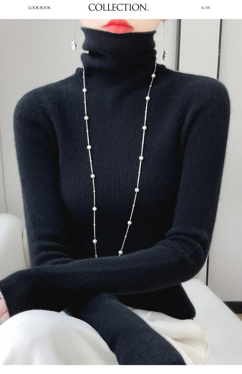 100% Merino Wool Long-sleeved Turtleneck Pullover Women's Autumn Winter Slim Sweater Basic Women's Clothes Cashmere Sweater