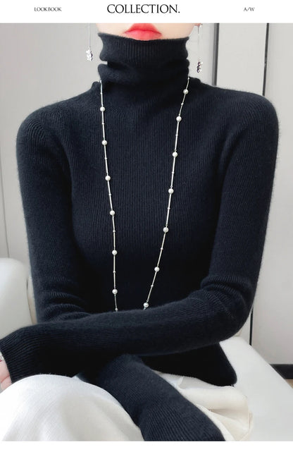 100% Merino Wool Long-sleeved Turtleneck Pullover Women's Autumn Winter Slim Sweater Basic Women's Clothes Cashmere Sweater