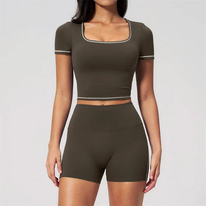 TRY TO BN 2 Pieces Women's Tracksuit Yoga Short Sleeves Top Sets High Waist Shorts Contrasting Color Running Fitness Gym Clothes