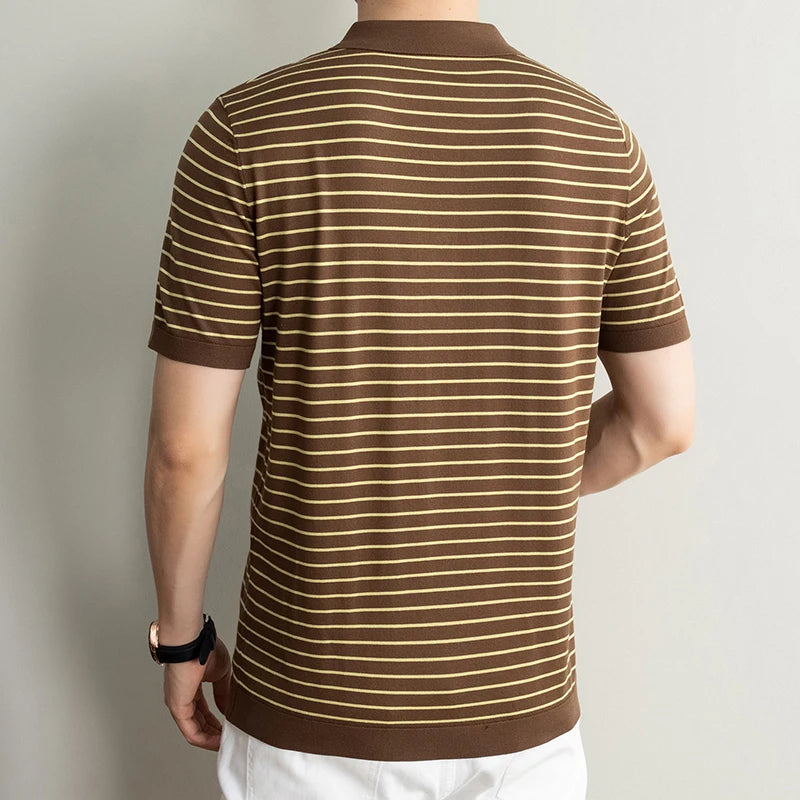 Men's Lyocell shirt summer new casual striped short sleeved T-shirt Polo collar breathable comfortable knitted pullover