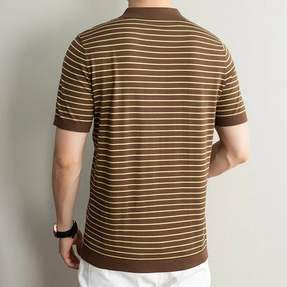 Men's Lyocell shirt summer new casual striped short sleeved T-shirt Polo collar breathable comfortable knitted pullover