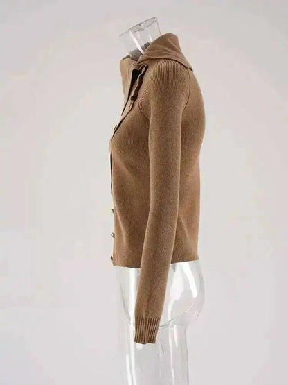 DEAT Fashion Brown Irregular Knitted Tops Women's Turtleneck Slim Fit Button Long Sleeves Short Sweater Autumn New