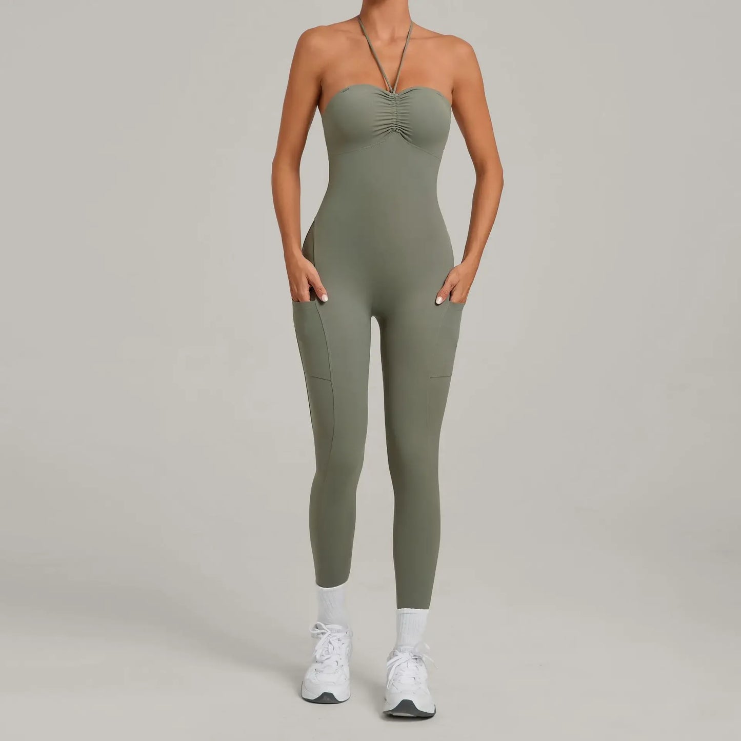 Women's Yoga Jumpsuits Sports Fitness One-piece Beauty Back Strap Pocket Hip-lifting Slim Fit Running Workout Training Bodysuits
