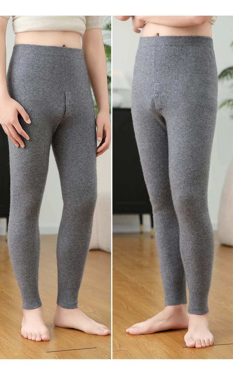 100% Cashmere Knit Leggings Men Winter Wearing Thermal Underwear High Waist Trousers Solid Thicken Elasticity Ankle-Length Pants