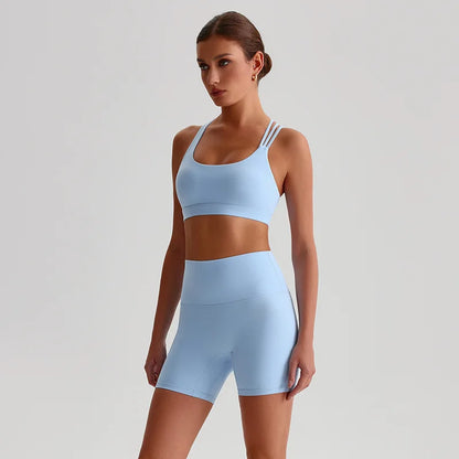 Solid Color High Impact Solid Gym Yoga Set Tight Legging Fitness Cross-back straps Bra Top 2pcs Soft Sport Suit  Women Sportwear