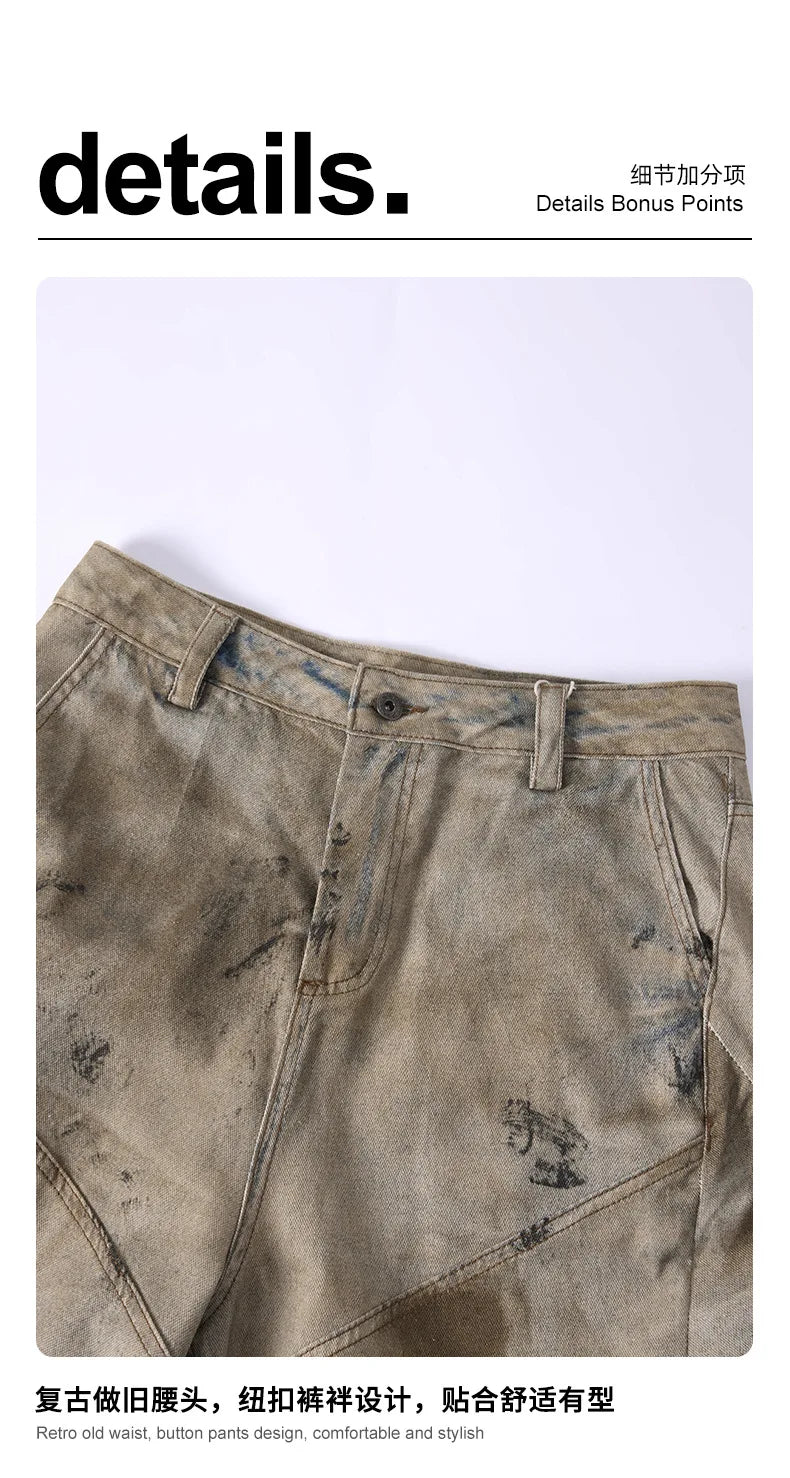 Custom LOGO men's 270G pure cotton high street retro casual pants scimitar denim texture mud yellow old loose wide-leg pants