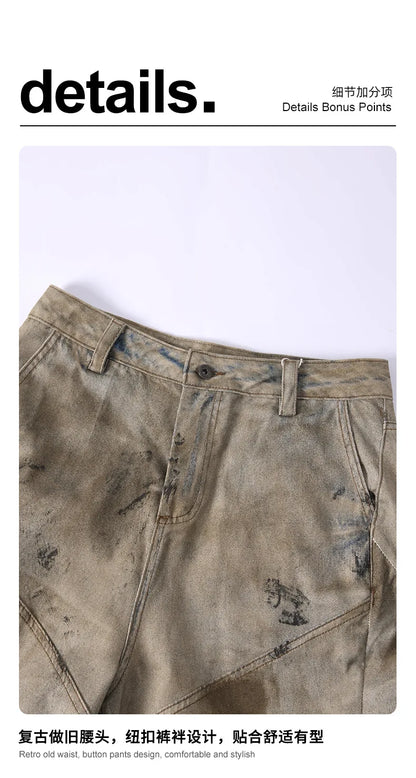 Custom LOGO men's 270G pure cotton high street retro casual pants scimitar denim texture mud yellow old loose wide-leg pants