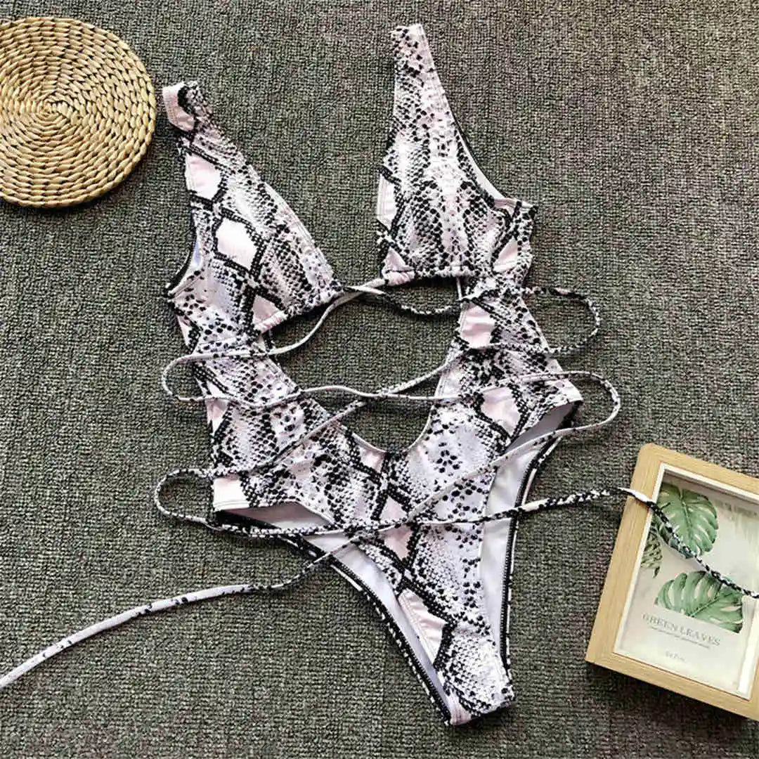 Sexy Bandage Wrap Around Tummy Cut Out Deep V Monokini One Piece Swimsuit Women Swimwear Female Bather Bathing Suit Swim V1037