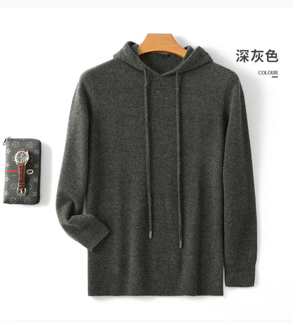 Men's 100% Merino Wool Sweater Hooded Collar Knitted Pullover Cashmere Sweatshirt Autumn Winter Casual Large Tops Long Sleeved