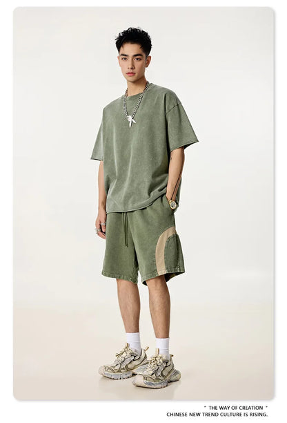 Customized LOGO men's summer European and American hip-hop style splicing contrasting shorts loose straight five-point pants