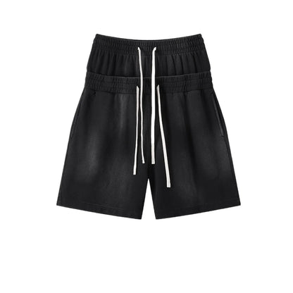 Custom LOGO men's 320G heavy 100% washed and old double waist high waist medium pants loose casual sports five-point shorts