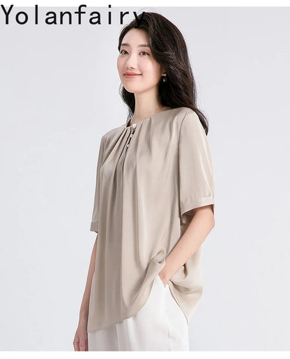 YOLANFAIRY 100% Natural Mulberry Silk T Shirts Woman Clothing 2026 Summer Loose Fashion T Shirt Elegant Womens Tops Short Sleeve