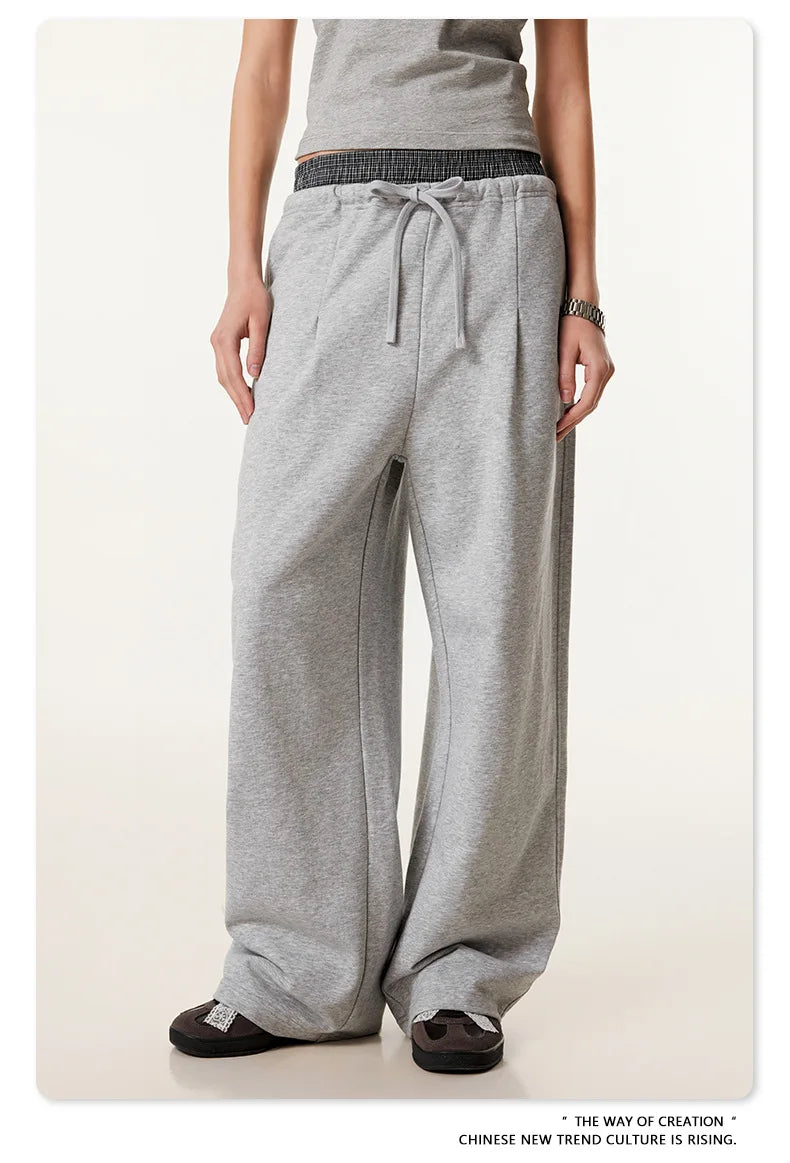 Custom LOGO Men's 2025 Summer 280G American Neutral Wind Splicing Double Waist Wide Leg Pants Sports Straight Couple Sweatpants