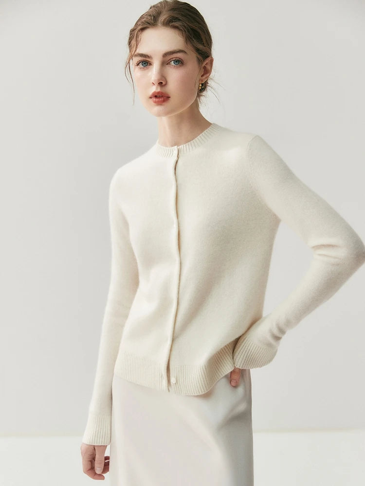 CHICUU Autumn Winter Women Thick O-neck Cardigan Basic Simple 100% Cashmere Sweater Solid Long Sleeve Cardigan Coat Knitwear