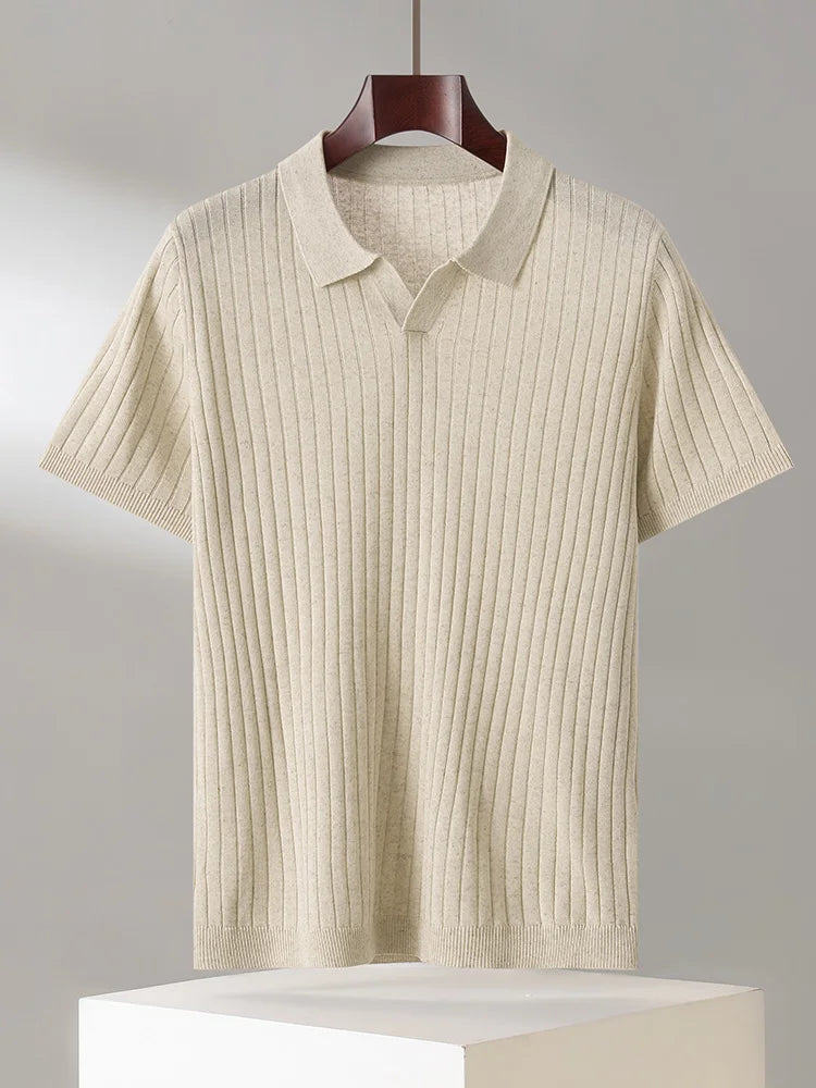 Summer New Men's 100% Lyocell Scissor Collar Solid Color T-Shirt Knit Pullover Bussiness Casual Short-sleeved POLO Collar Tees