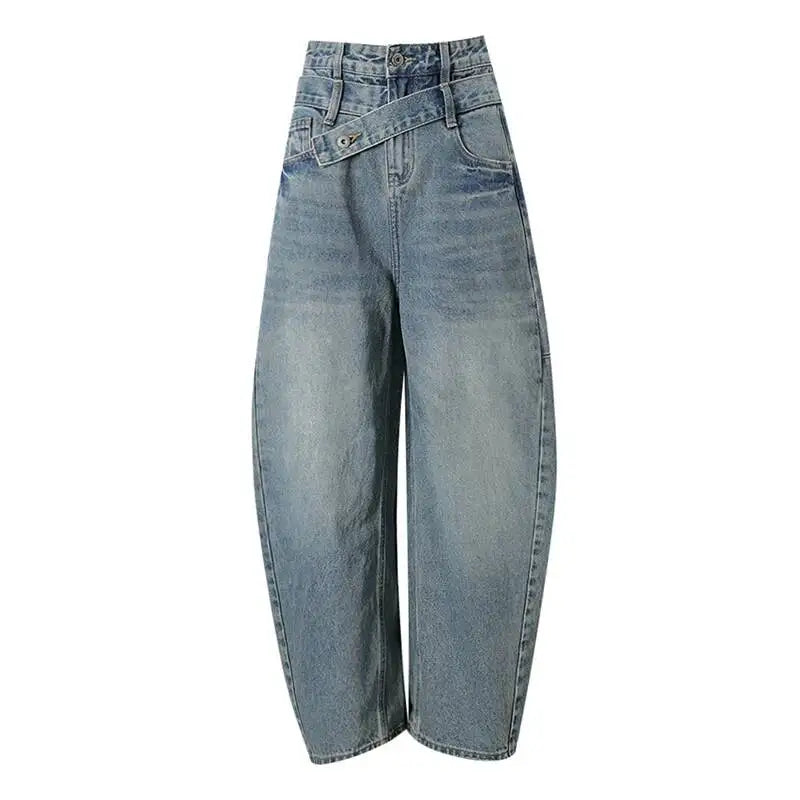 DEAT Fashion Cross Buckle Waist Baggy Jeans Women's High Waist Loose Fit Vintage Blue Denim Pants Sumemr New