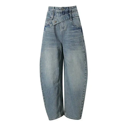 DEAT Fashion Cross Buckle Waist Baggy Jeans Women's High Waist Loose Fit Vintage Blue Denim Pants Sumemr New
