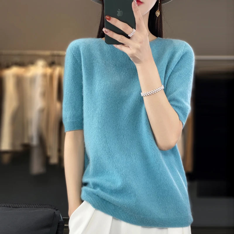 100% Merino wool women's O neck knitted T-shirt Korean pullover short sleeve sweater women's basic solid color half sleeve women