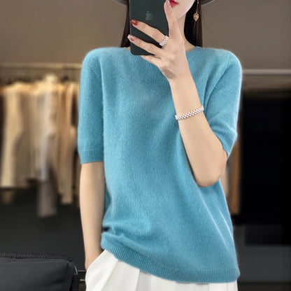 100% Merino wool women's O neck knitted T-shirt Korean pullover short sleeve sweater women's basic solid color half sleeve women