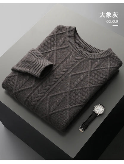 100% Pure Merino Wool Pullover 2025 Autumn/Winter New Men's Round Neck Business Casual Cashmere Sweater Loose Solid Color Tops