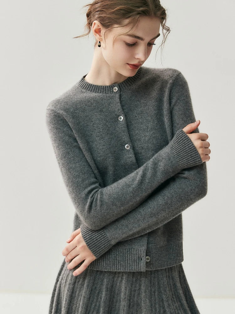 CHICUU Autumn Winter Women Thick O-neck Cardigan Basic Simple 100% Cashmere Sweater Solid Long Sleeve Cardigan Coat Knitwear