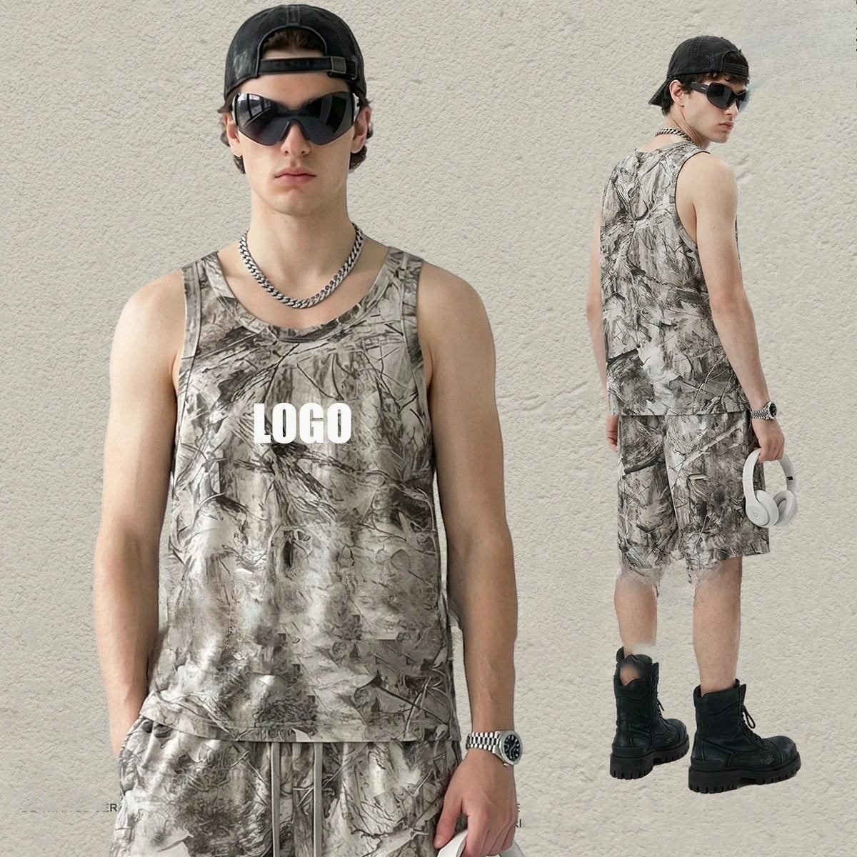 Custom LOGO men's 315G cotton polyester summer American street camouflage loose sports vest shorts outdoor fitness set