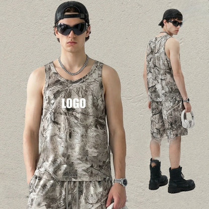 Custom LOGO men's 315G cotton polyester summer American street camouflage loose sports vest shorts outdoor fitness set