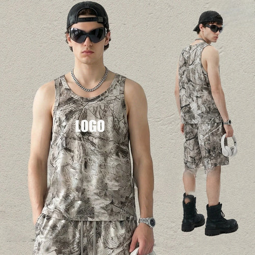 Custom LOGO men's 315G cotton polyester summer American street camouflage loose sports vest shorts outdoor fitness set