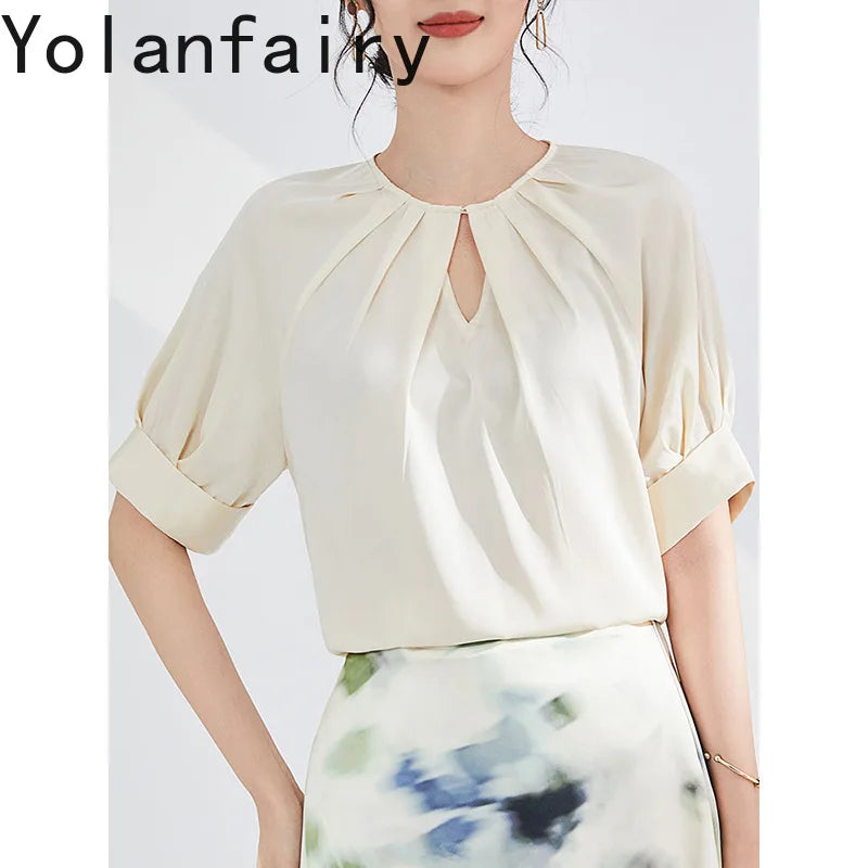 YOLANFAIRY 100% Real Mulberry Silk T Shirts for Women Summer 2026 Short Sleeve Tops O-neck Elegant Blouse Woman Tee Shirt Femme