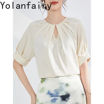YOLANFAIRY 100% Real Mulberry Silk T Shirts for Women Summer 2026 Short Sleeve Tops O-neck Elegant Blouse Woman Tee Shirt Femme