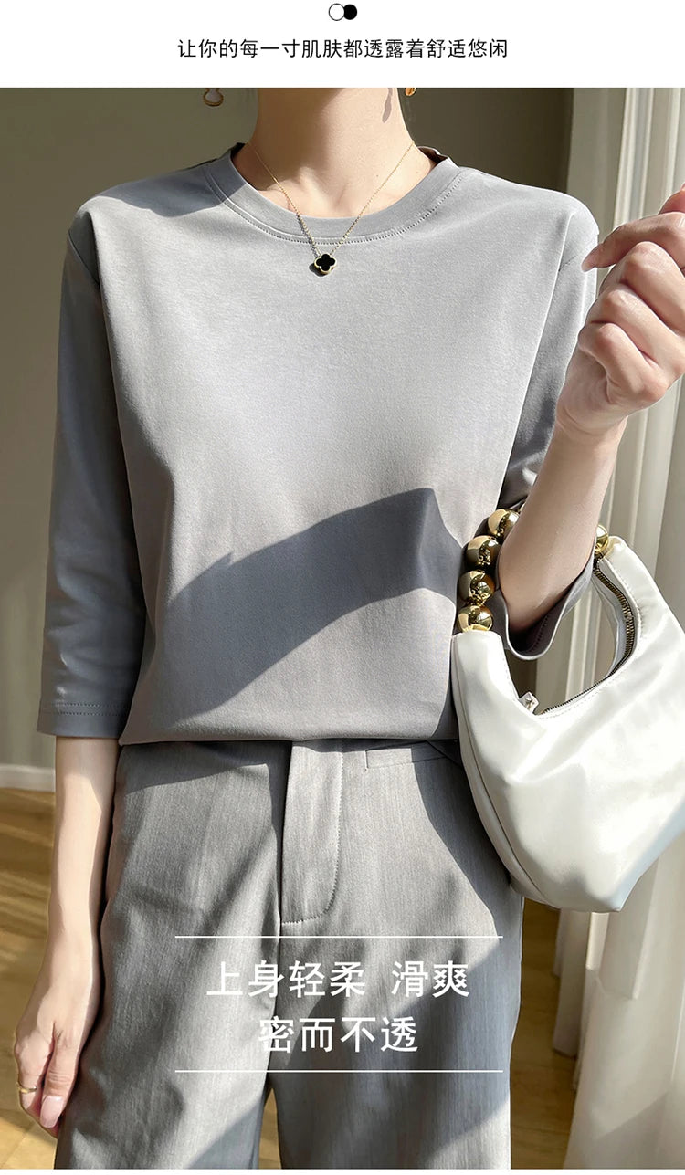Spring And Summer New White Mercerized Cotton Short Sleeve T-Shirt Feminine Joker Cotton Cropped Sleeve Bottoming Shirt
