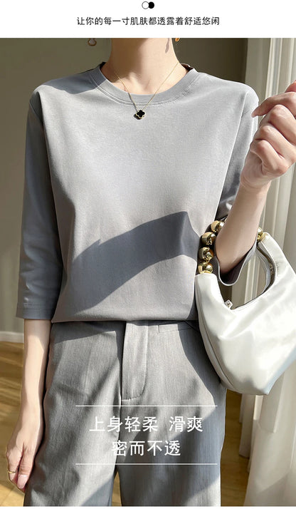Spring And Summer New White Mercerized Cotton Short Sleeve T-Shirt Feminine Joker Cotton Cropped Sleeve Bottoming Shirt