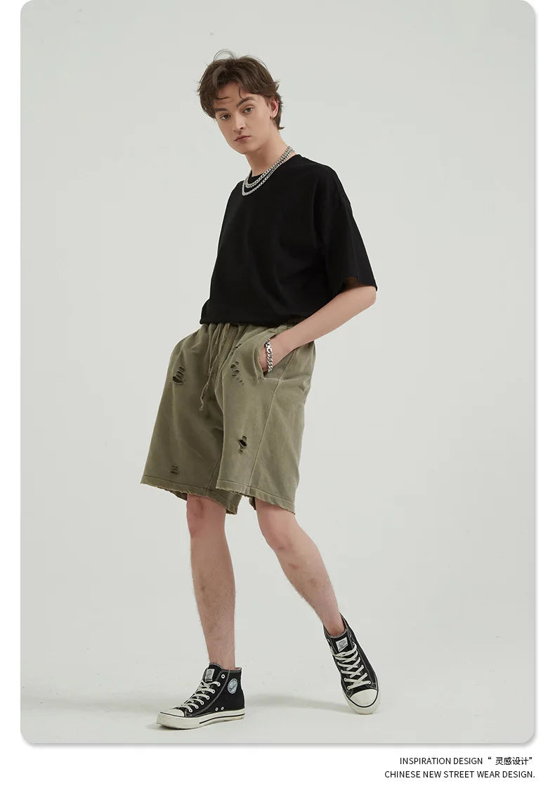 Customized LOGO Men's Heavy 100% Cotton High Street Wind Wash Old Loose Cut Couple Retro Shorts
