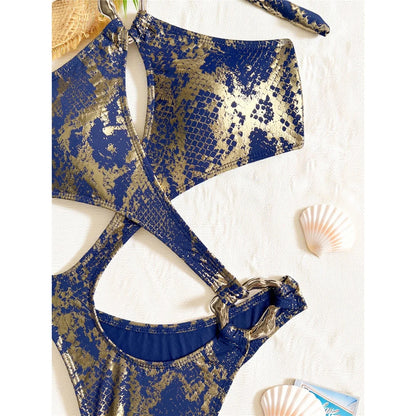 Sexy Tummy Cut Out Leopard Snakeskin Women Swimwear One Piece Swimsuit Female Halter High Cut Leg Bather Bathing Suit Swim V7972