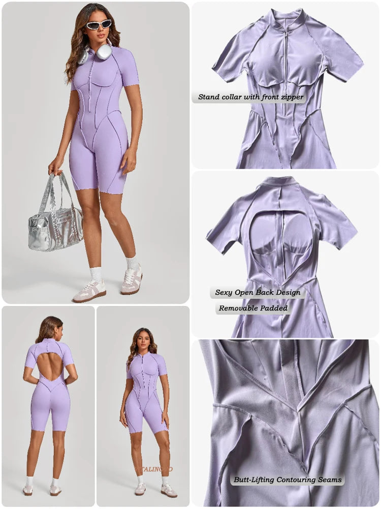 VITALINOVO Women Short Sleeve Workout Jumpsuit Backless Zip Up Romper Bottom Shorts Built-in Bra Bodysuit Bodycon Sexy One Piece