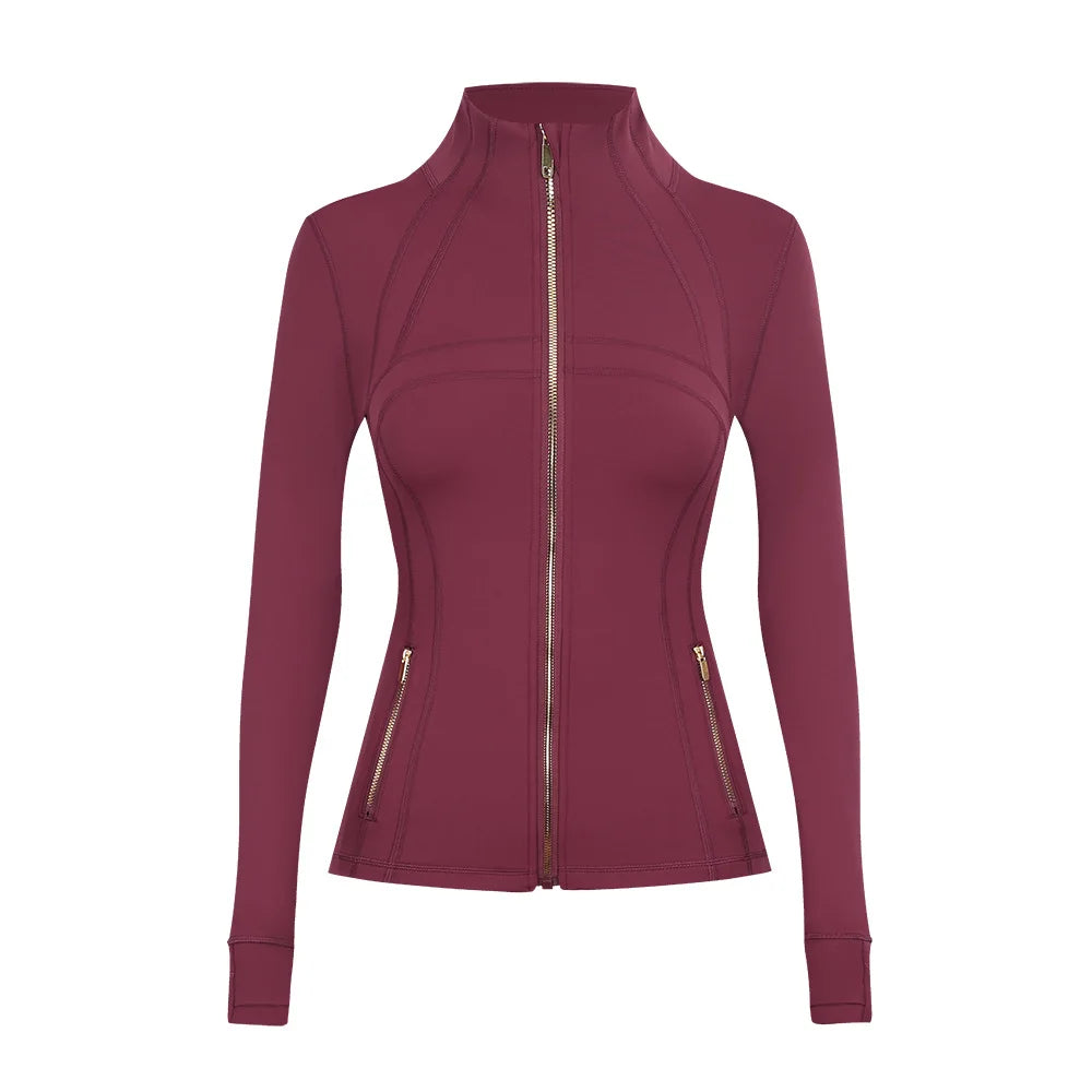 Personalized LOGO custom women's gold zip jacket tight stand-up collar quick-drying fitness running yoga suit 41-color S-3XL top