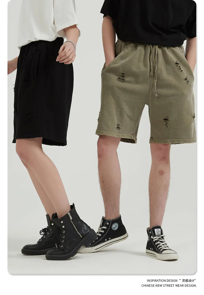 Customized LOGO Men's Heavy 100% Cotton High Street Wind Wash Old Loose Cut Couple Retro Shorts