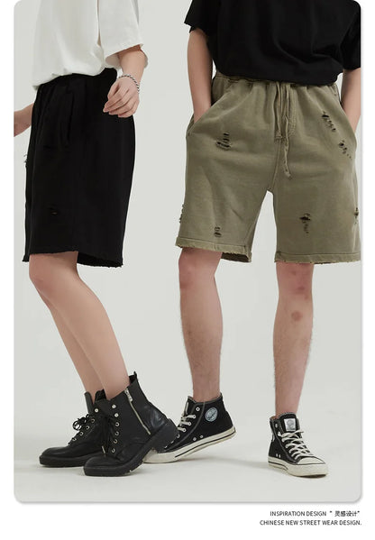 Customized LOGO Men's Heavy 100% Cotton High Street Wind Wash Old Loose Cut Couple Retro Shorts