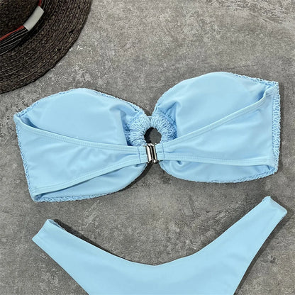 Wrinkled Bandeau High Cut Bikini Women Swimwear Female Swimsuit Two-pieces Bikini set Strapless Bather Bathing Suit Swim V3367