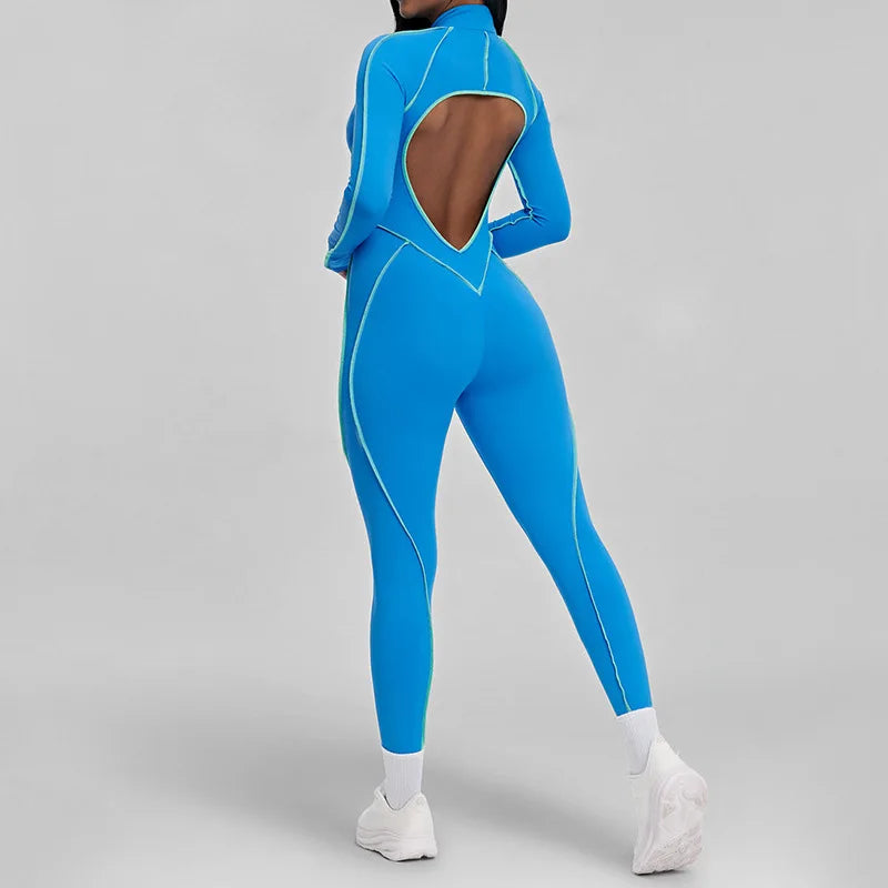 SOISOU Nylon Jumpsuit Women's Sport Yoga Fitness Set with zipper & chest cushion Bare Back High elastic soft fabric Gym Bodysuit